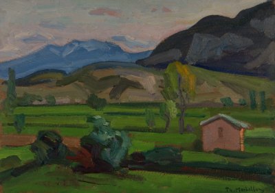 Sunset Near Kalambaka — Oil painting, Fiberboard, 33.00×46.00cm — Theodoros Markellos